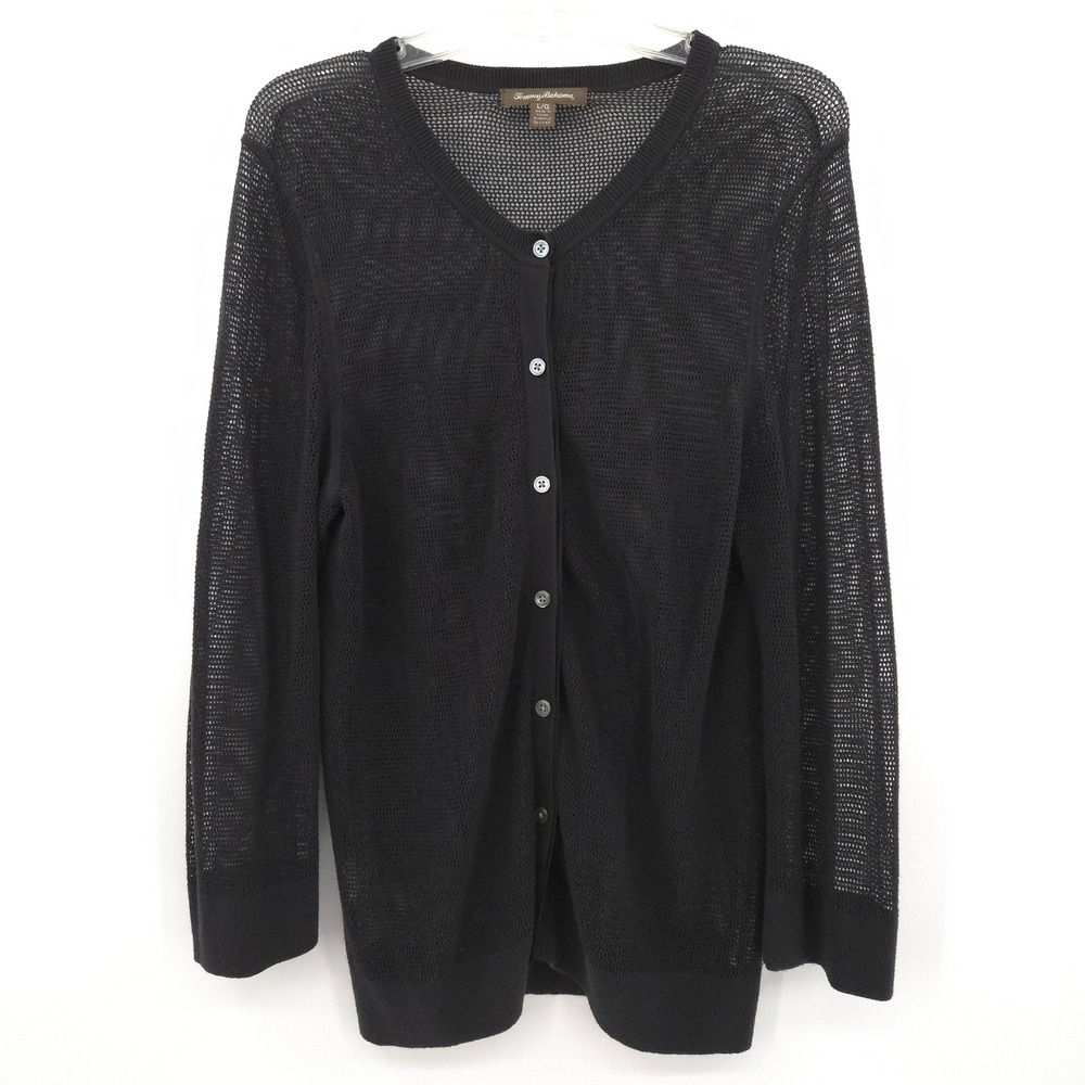 Tommy Bahama Cardigan Women L Black Sheer Mesh Open Knit Button Front V-Neck